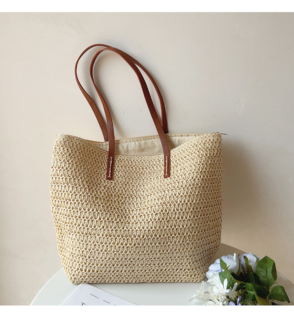 SummerBreeze Tote - Stylish Woven Bag with Leather Handles