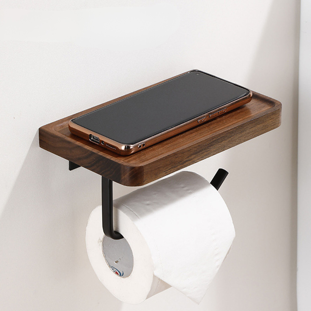 Elegant Wall-Mounted Toilet Roll Holder - Walnut Wood and Stainless Steel