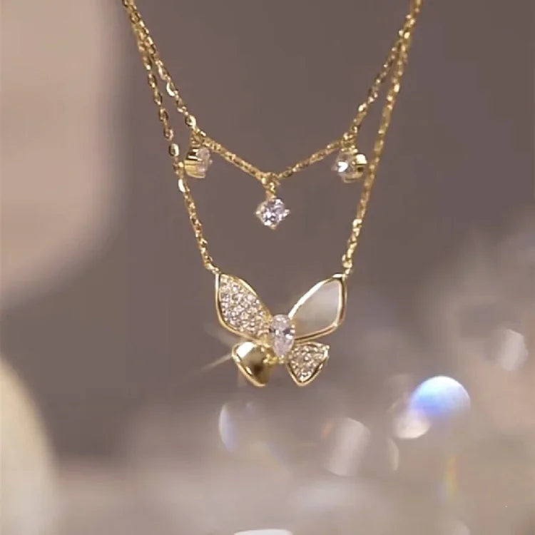 Very Elegant Double-Layered Butterfly Necklace with Zirconia and Mother of Pearl - Elayna