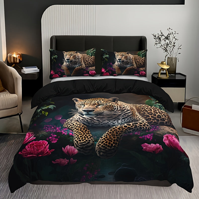 Luxurious Animal Print Bed Set with Rose Motif - 3-Piece