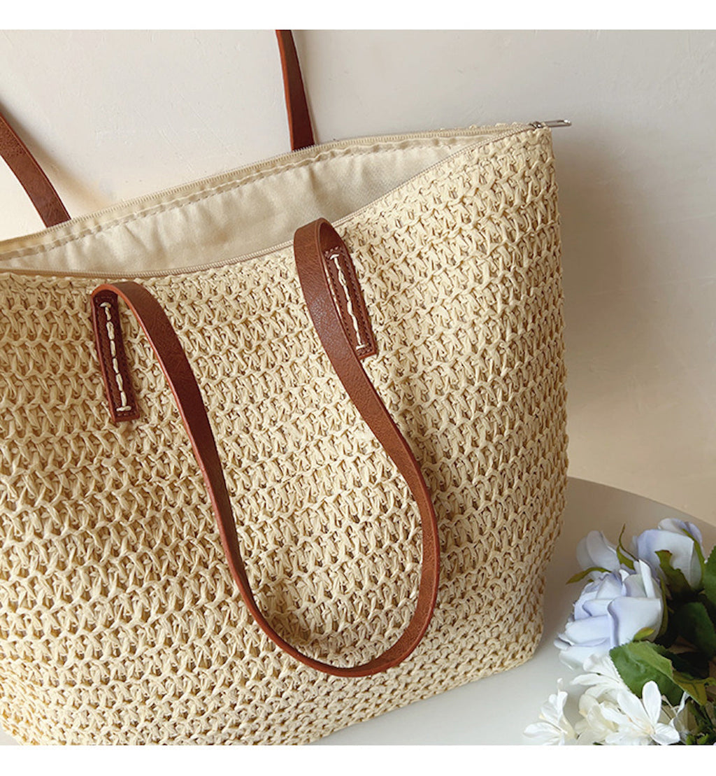 SummerBreeze Tote - Stylish Woven Bag with Leather Handles