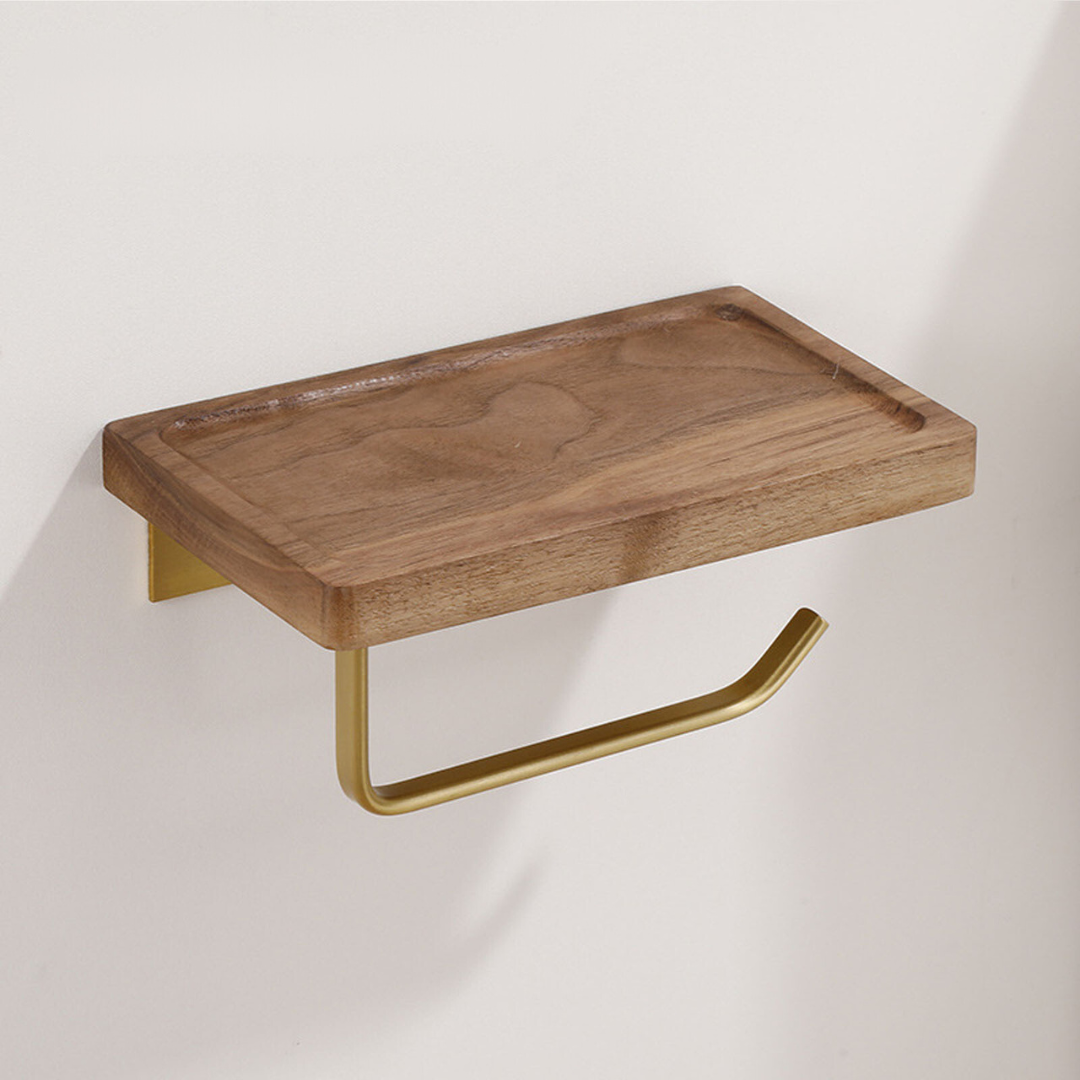 Elegant Wall-Mounted Toilet Roll Holder - Walnut Wood and Stainless Steel