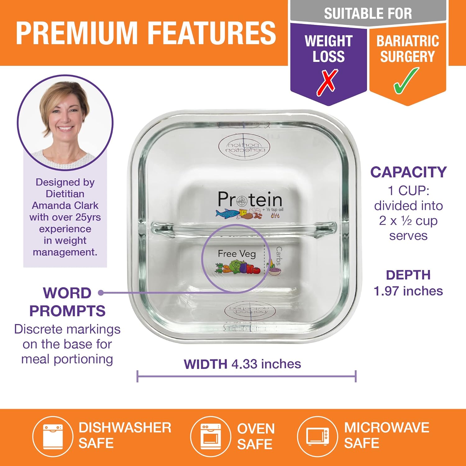 PortionMaster - Set of 3 Glass Containers for Bariatric Patients