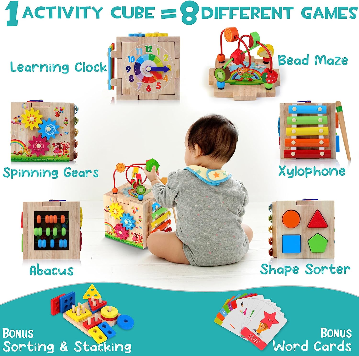 Stylish 8-in-1 Montessori Activity Cube - Educational Fun for Babies