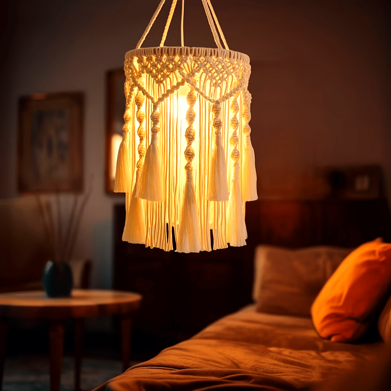 BohoTwist Pendant - Hand-Woven Lampshade with Tassels