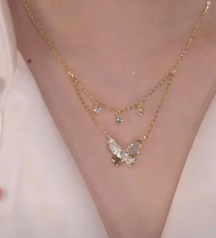 Very Elegant Double-Layered Butterfly Necklace with Zirconia and Mother of Pearl - Elayna