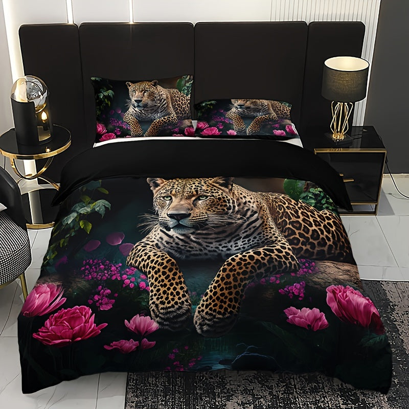 Luxurious Animal Print Bed Set with Rose Motif - 3-Piece