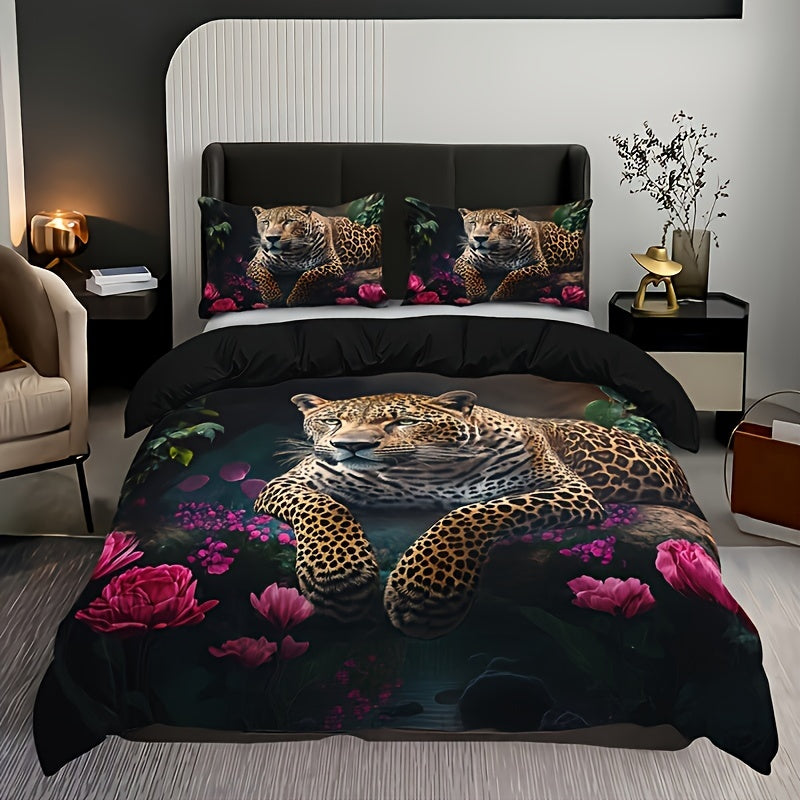 Luxurious Animal Print Bed Set with Rose Motif - 3-Piece