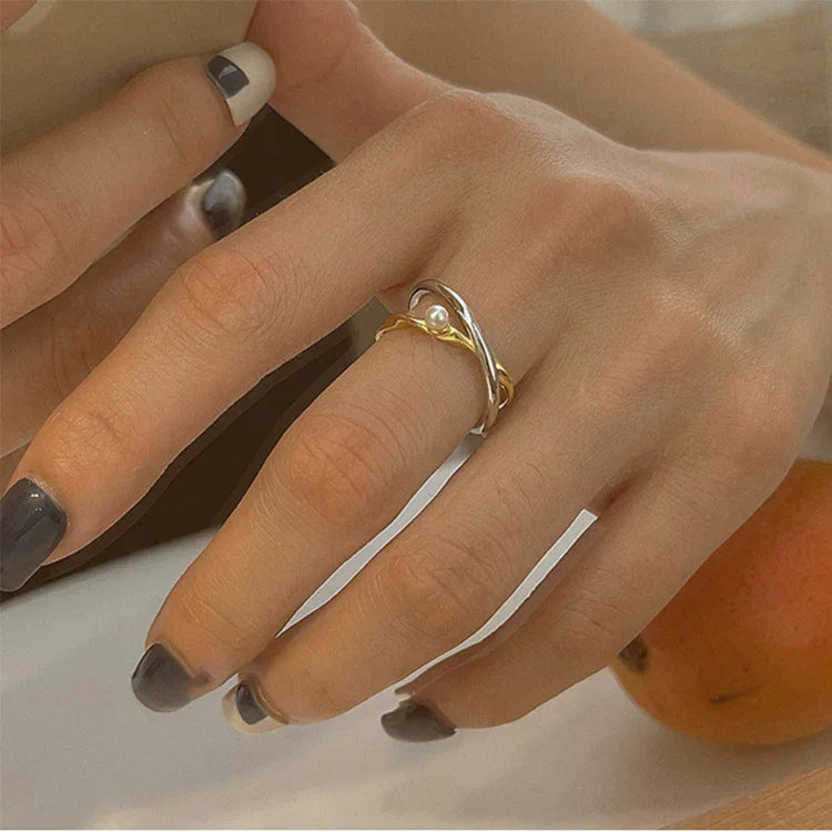 Elegant Sterling Silver Crossover Ring with Beautiful Pearl - Alina Collection