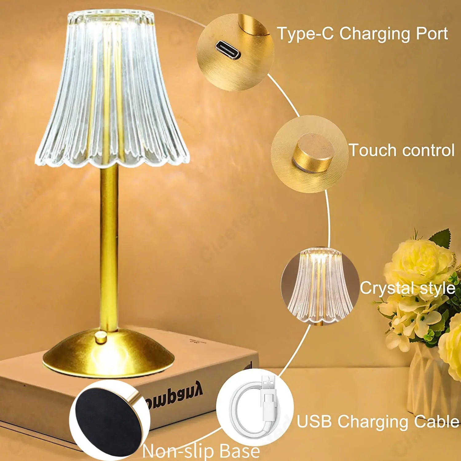 Cristalglow - Chic Cordless Table Lamp with Elegant Crystal Decoration