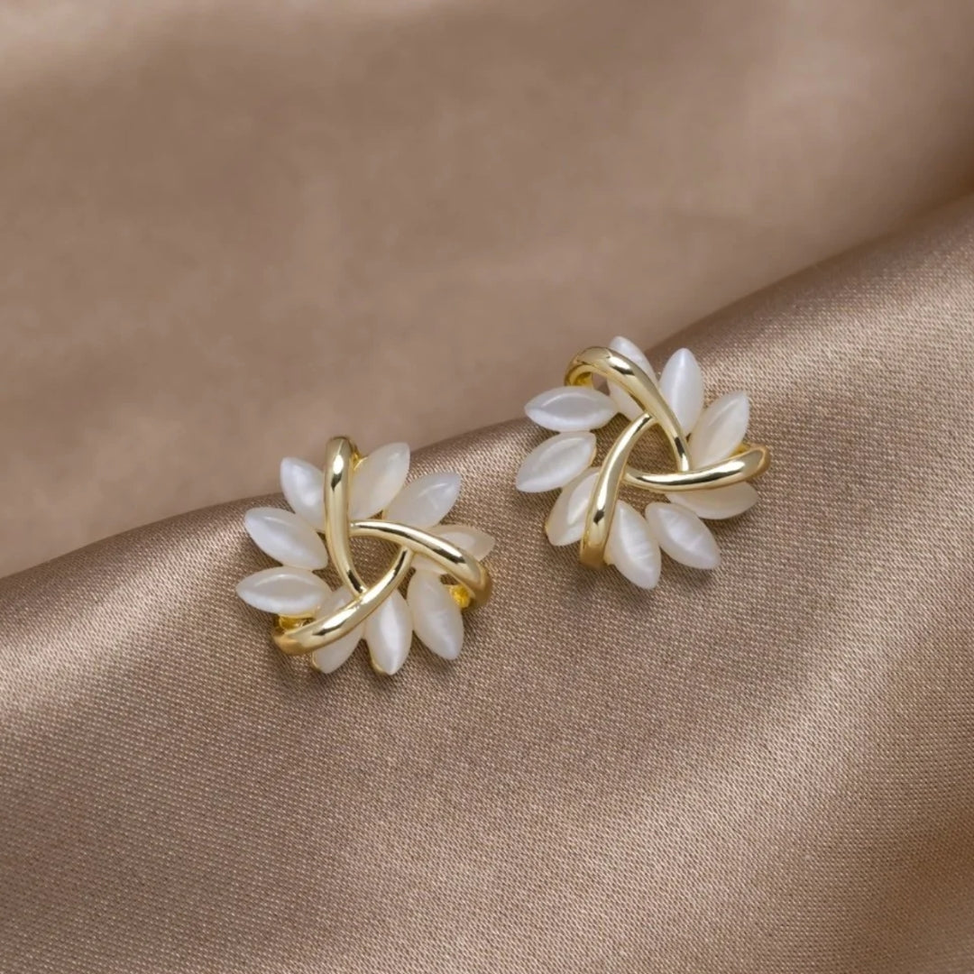 Elegant Gold Flower Stud Earrings with Round Opals - Amara