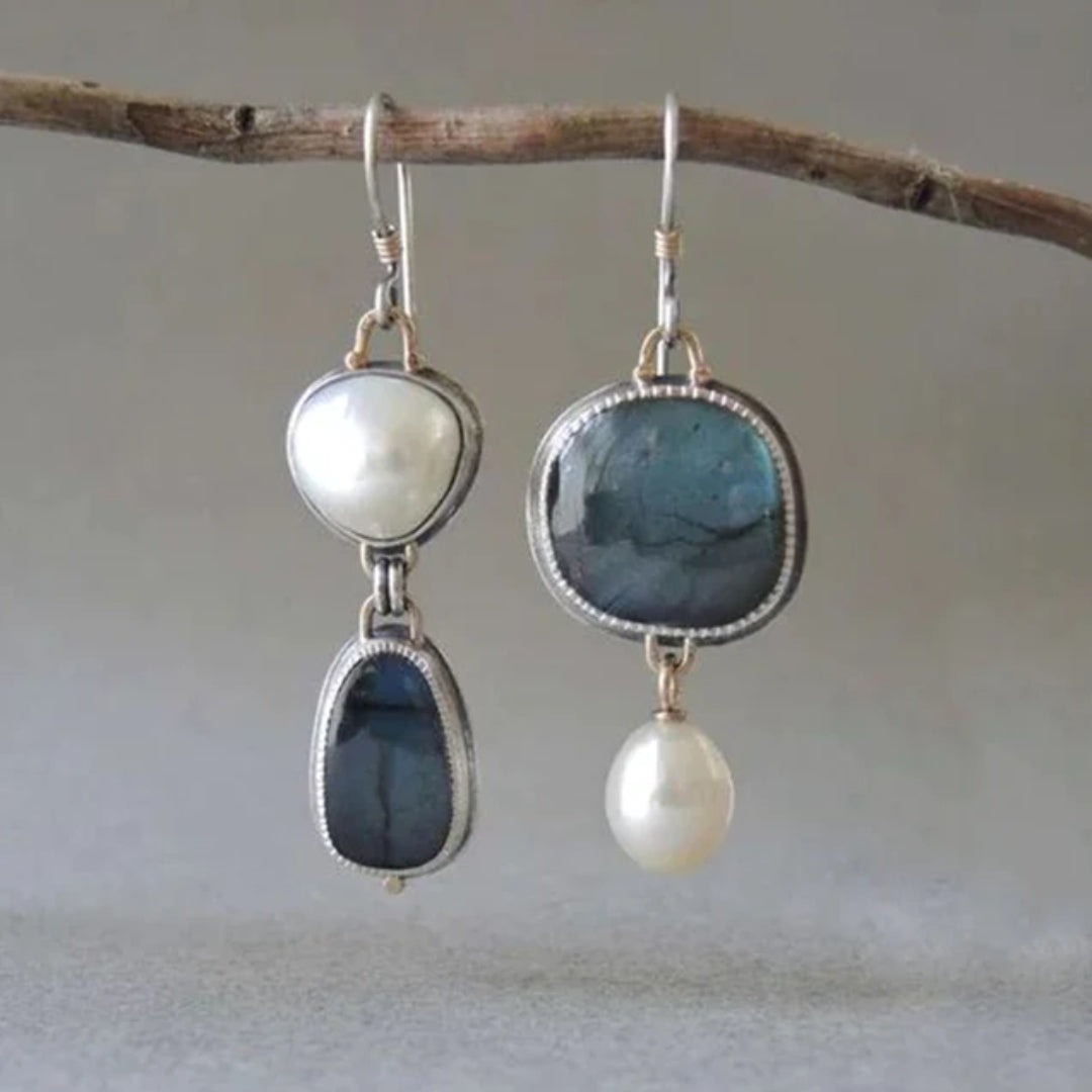 Amalina Vintage Earrings with Elegant Blue Natural Stone and Luxurious Pearls