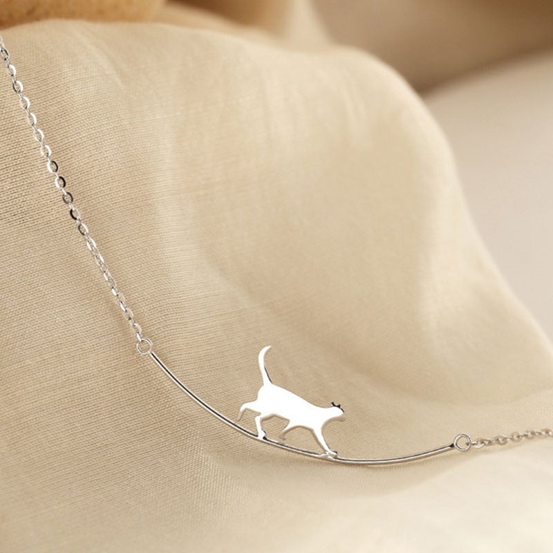 Elegant Silver Necklace with a Climbing Cat - Felina