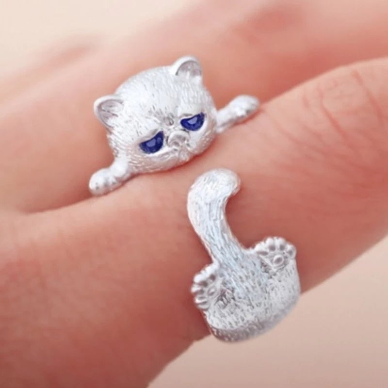 Elegant Adjustable Silver Kitten Ring - Lyana