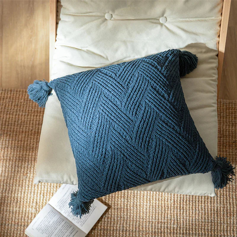 Chic Chenille Cushion Cover with Nordic Pom-Poms - Luxury Comfort