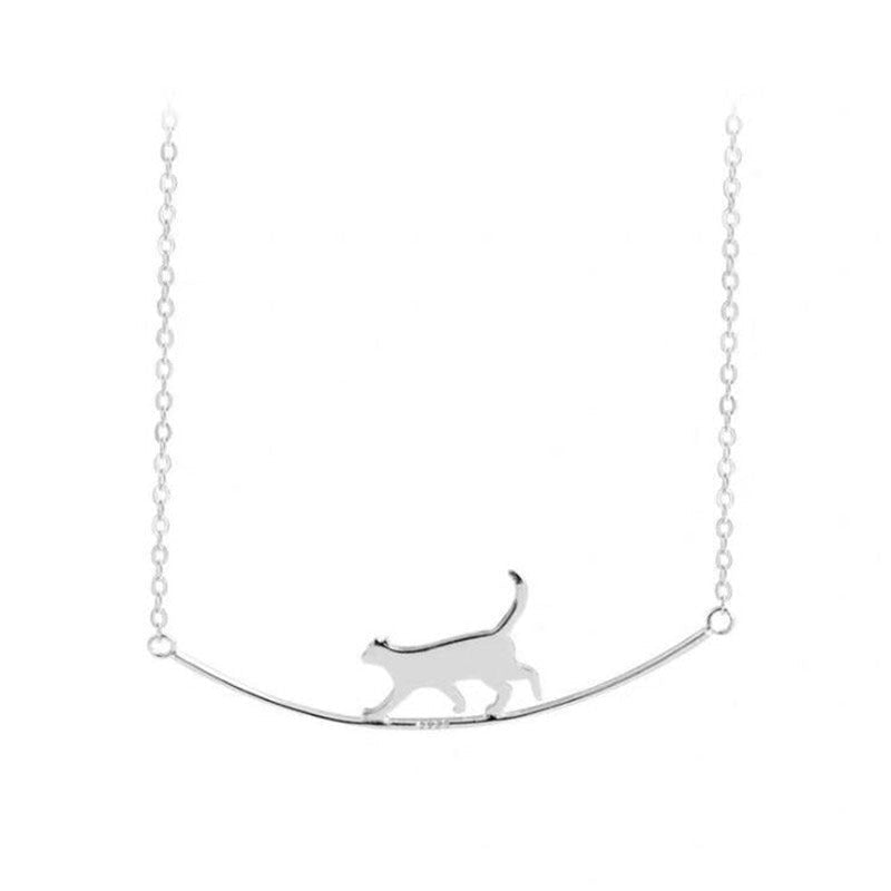 Elegant Silver Necklace with a Climbing Cat - Felina