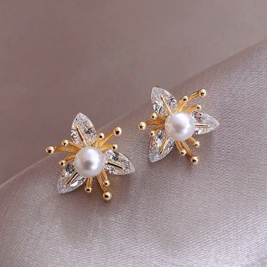 Elegant Leanne Flower Earrings with Crystal & Pearl