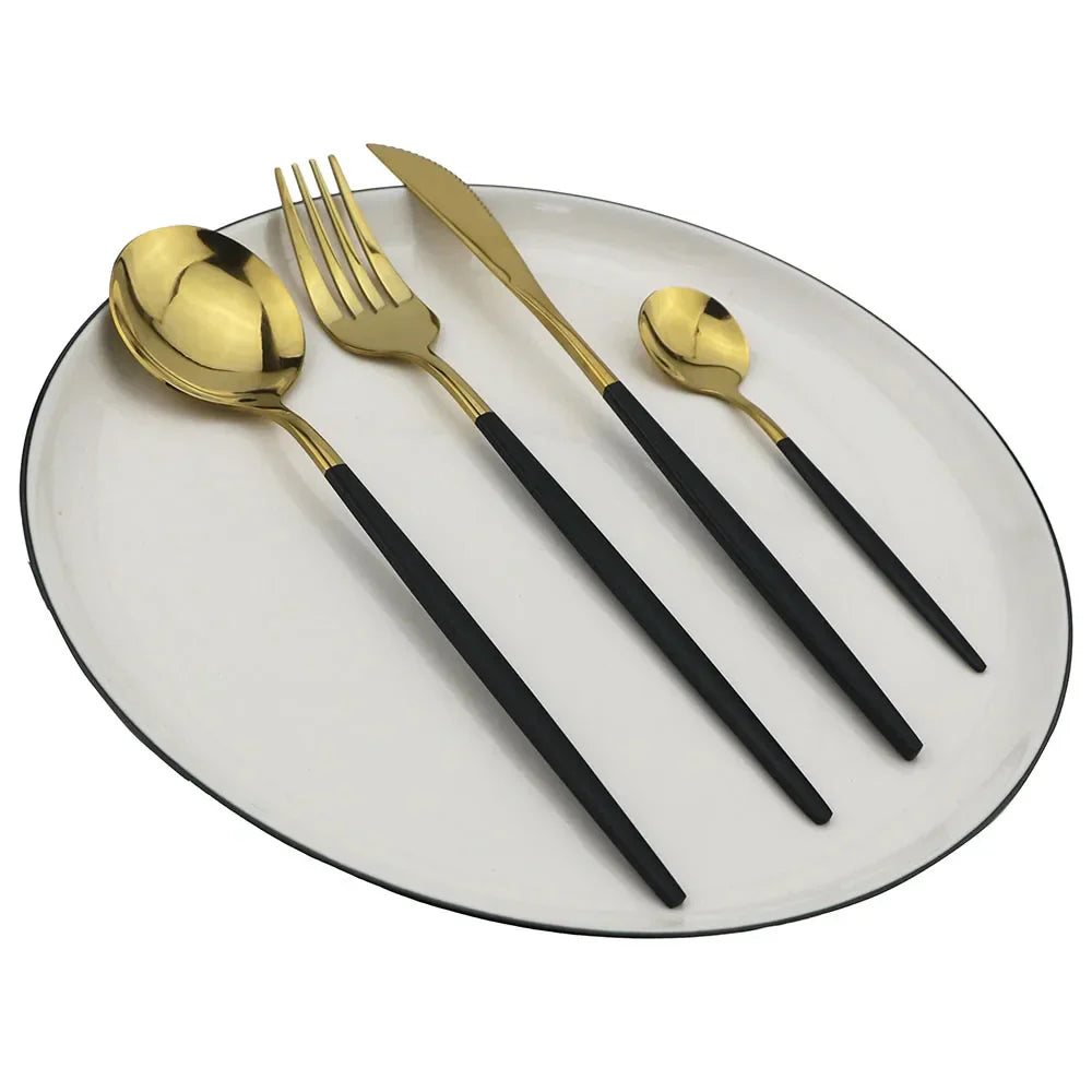 Luxe Zwart-Gouden Roestvrijstalen Bestekset - voor Elegante Maaltijden