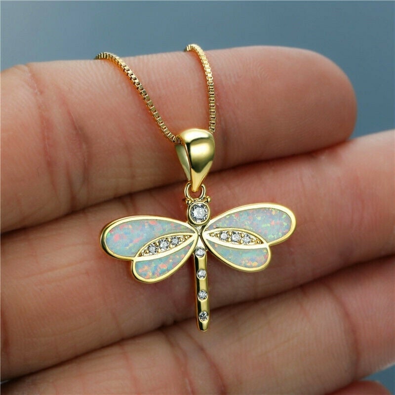 Enchanting Gold Dragonfly Necklace with Radiant Opal - Isolde Series