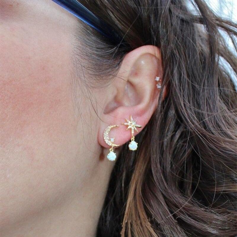 Aurora Gold Earrings with Moon, Stars, and Sparkling Opal
