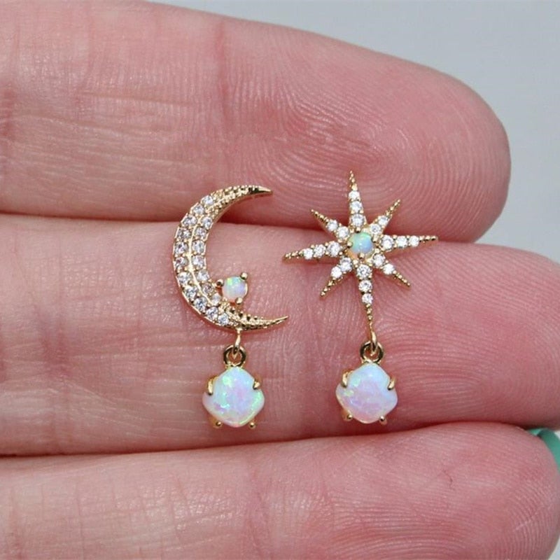 Aurora Gold Earrings with Moon, Stars, and Sparkling Opal