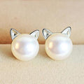 Elegant Silver Cat Earrings with Beautiful Natural Pearls - Selia Collection