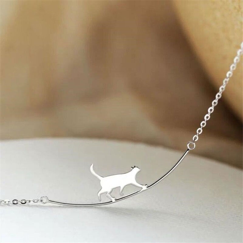 Elegant Silver Necklace with a Climbing Cat - Felina