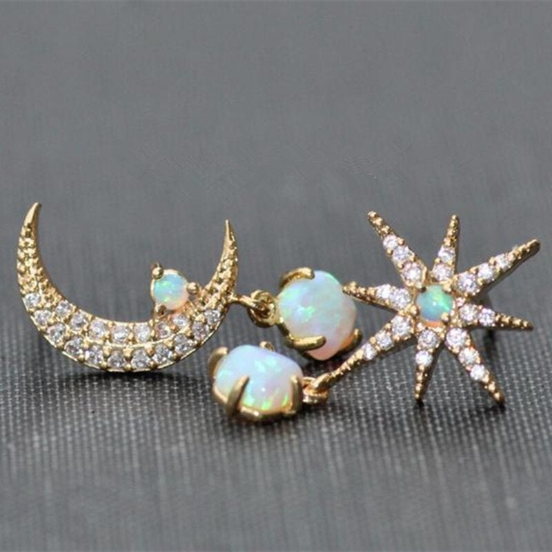 Aurora Gold Earrings with Moon, Stars, and Sparkling Opal