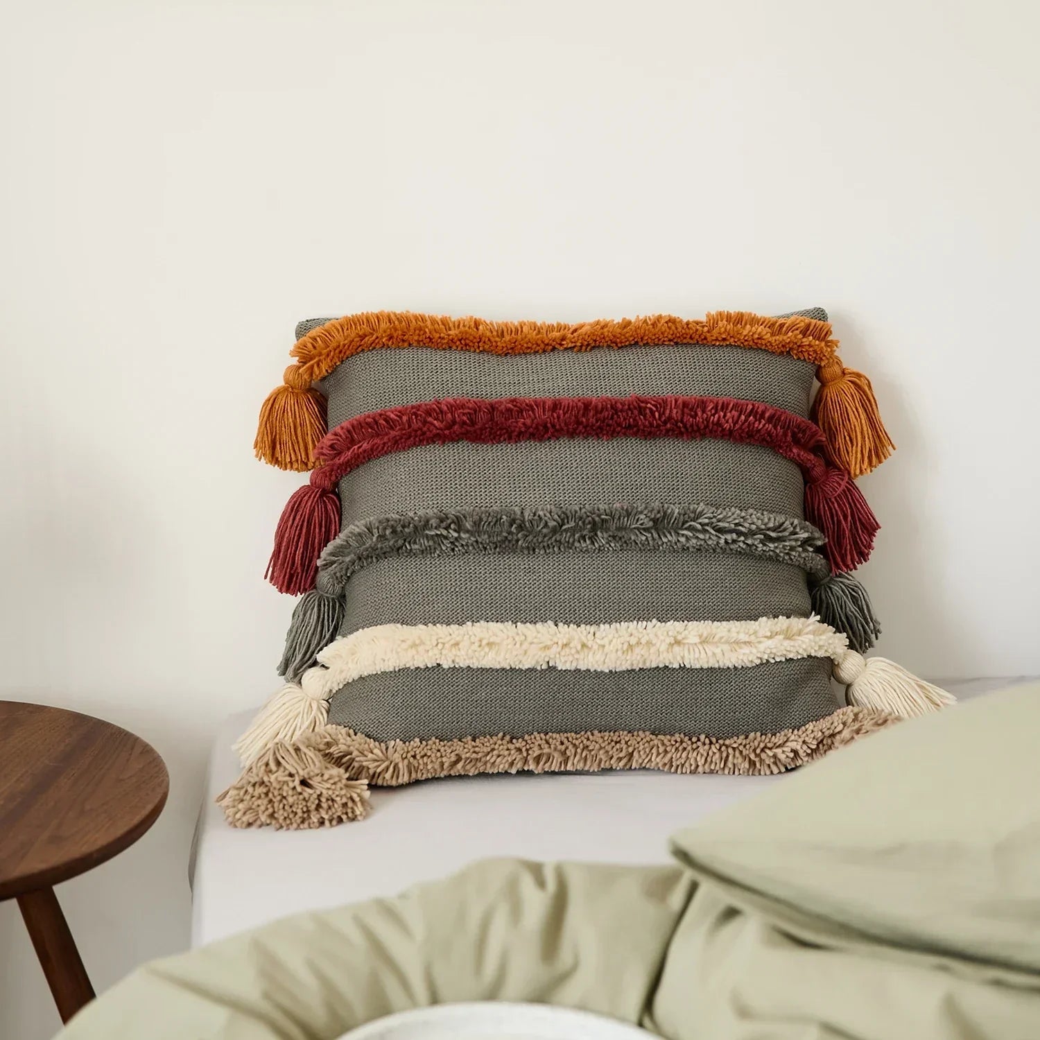 Bohemian Velour Cushion Cover - Woven Cushion Cover with Colorful Stripes and Fringes