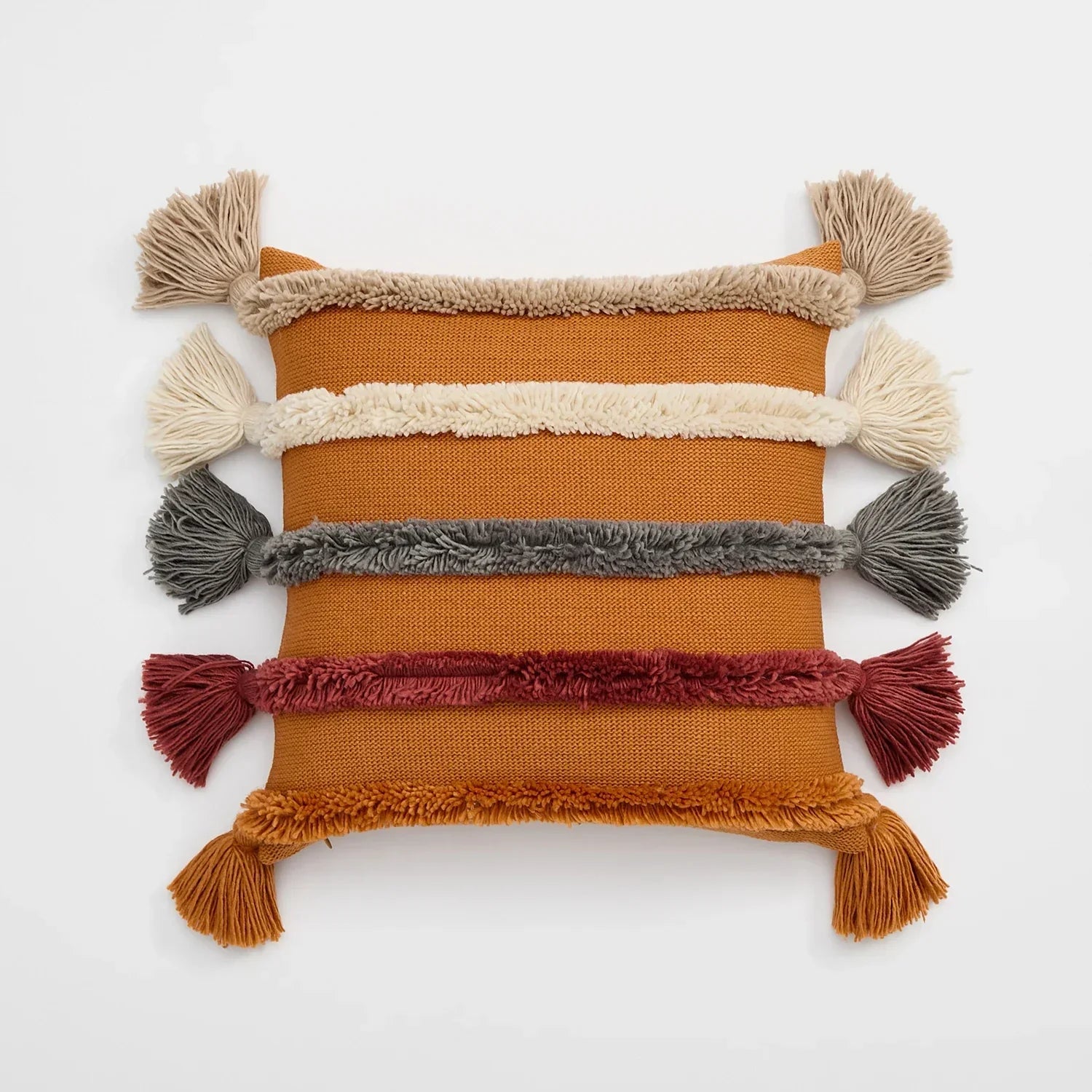 Bohemian Velour Cushion Cover - Woven Cushion Cover with Colorful Stripes and Fringes