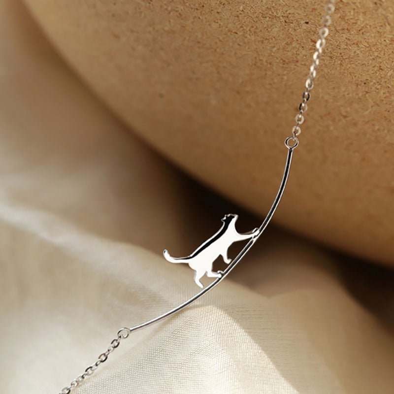 Elegant Silver Necklace with a Climbing Cat - Felina