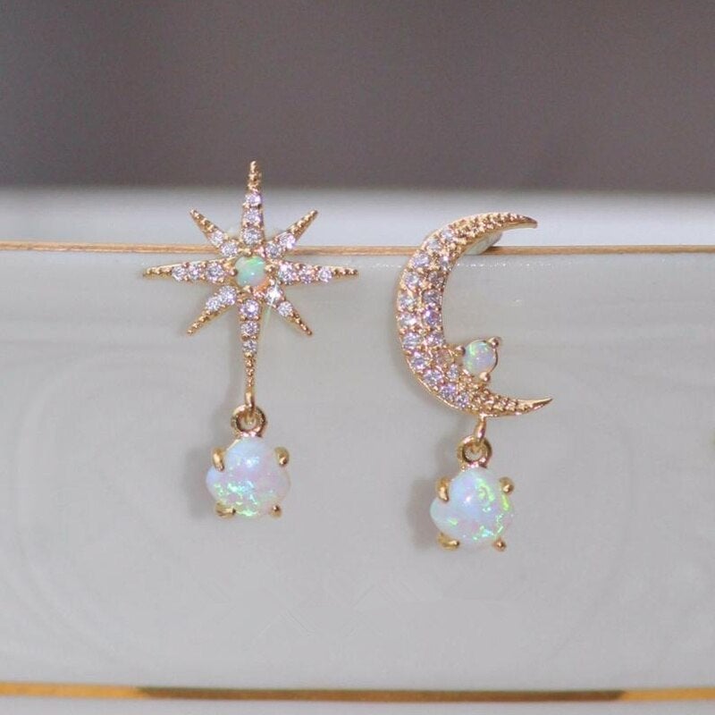 Aurora Gold Earrings with Moon, Stars, and Sparkling Opal