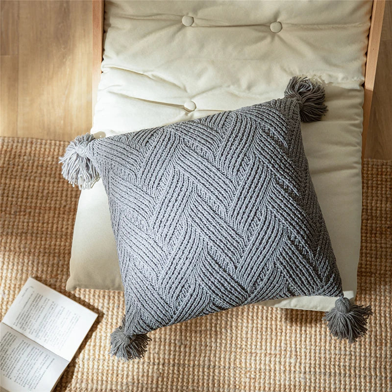 Chic Chenille Cushion Cover with Nordic Pom-Poms - Luxury Comfort