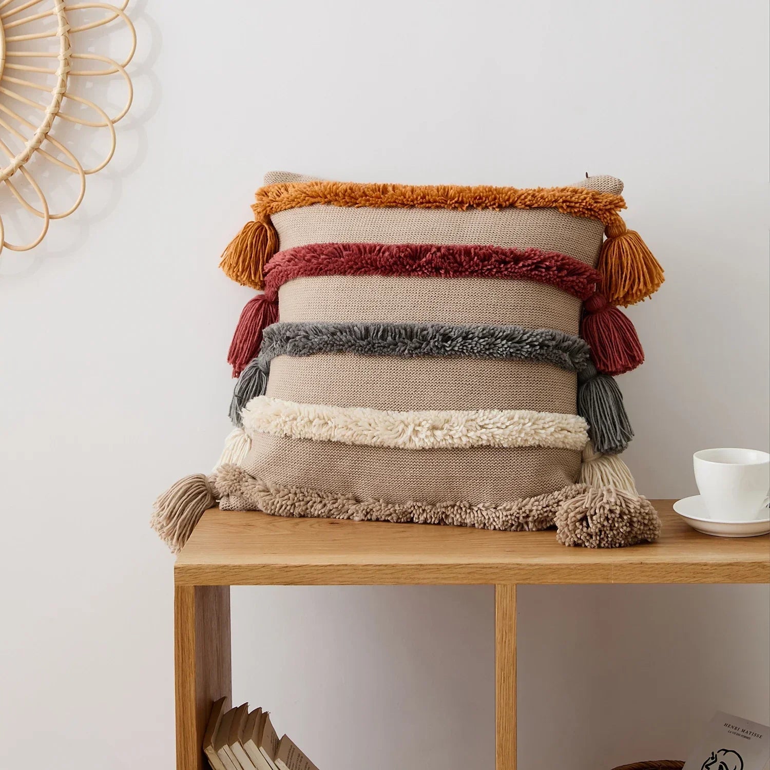 Bohemian Velour Cushion Cover - Woven Cushion Cover with Colorful Stripes and Fringes