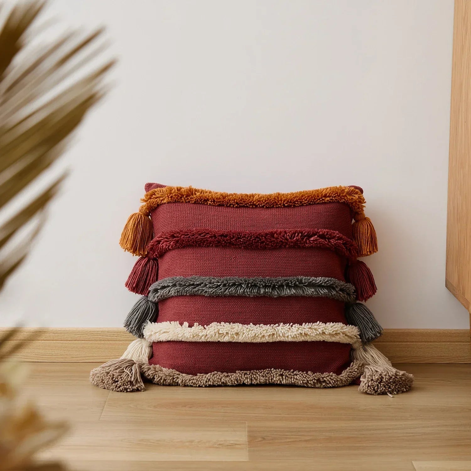 Bohemian Velour Cushion Cover - Woven Cushion Cover with Colorful Stripes and Fringes