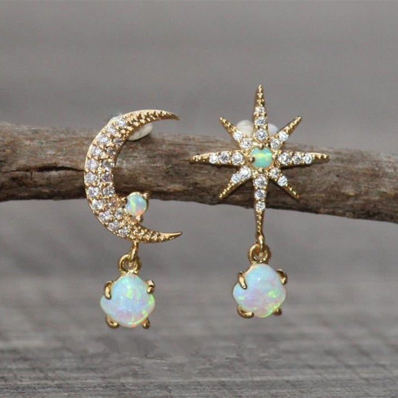 Aurora Gold Earrings with Moon, Stars, and Sparkling Opal