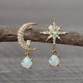Aurora Gold Earrings with Moon, Stars, and Sparkling Opal