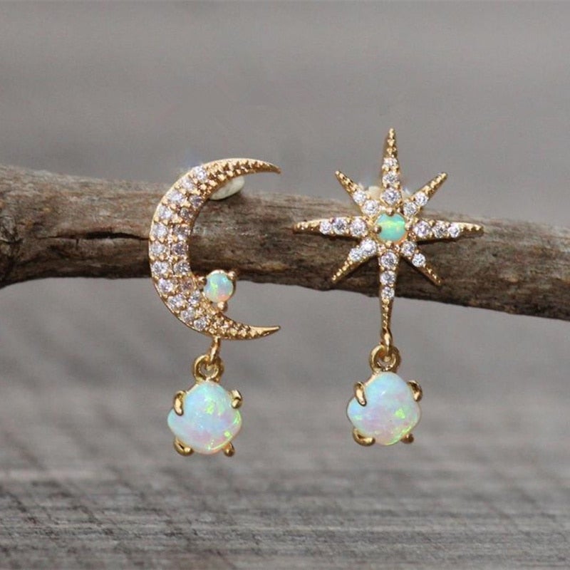 Aurora Gold Earrings with Moon, Stars, and Sparkling Opal