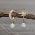 Aurora Golden Earrings with Moon, Stars and Sparkling Opal