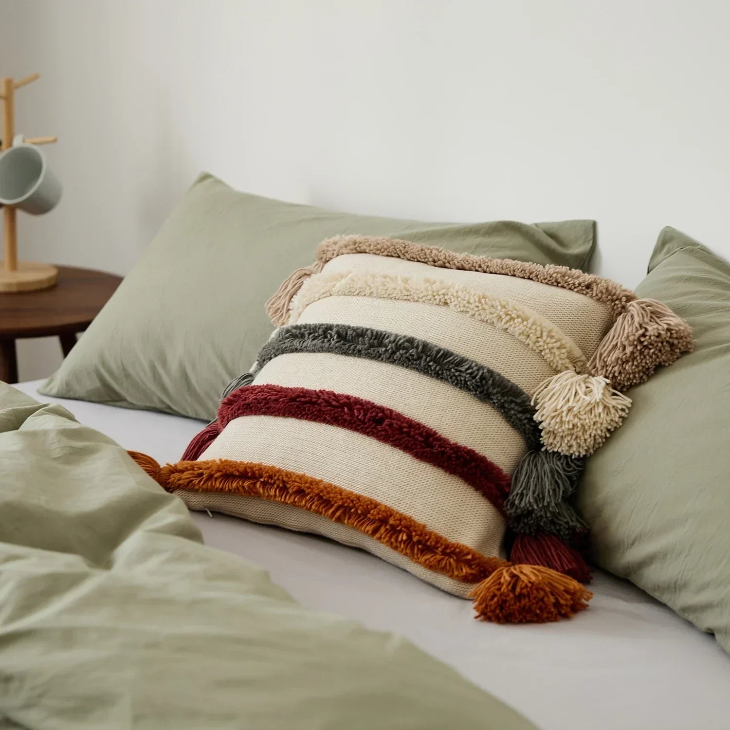 Bohemian Velour Cushion Cover - Woven Cushion Cover with Colorful Stripes and Fringes