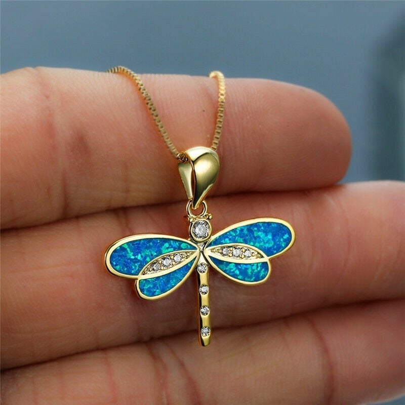 Enchanting Gold Dragonfly Necklace with Radiant Opal - Isolde Series
