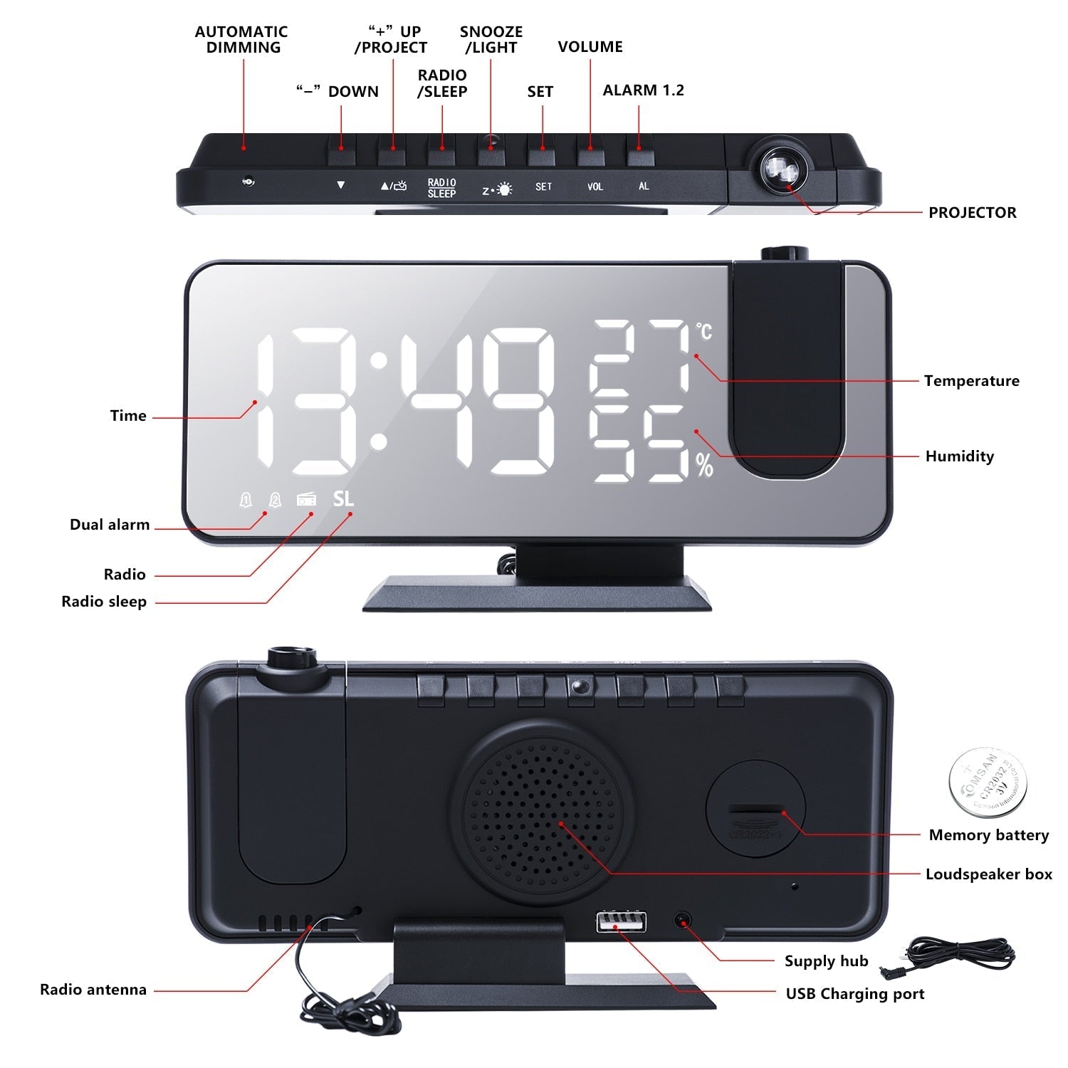 Astronatic™ Alarm Clock - LED Screen with 180° Projector