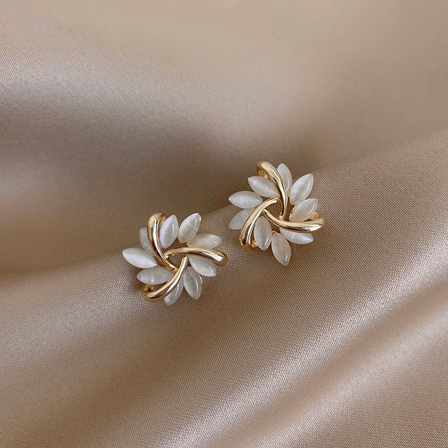 Elegant Gold Flower Stud Earrings with Round Opals - Amara
