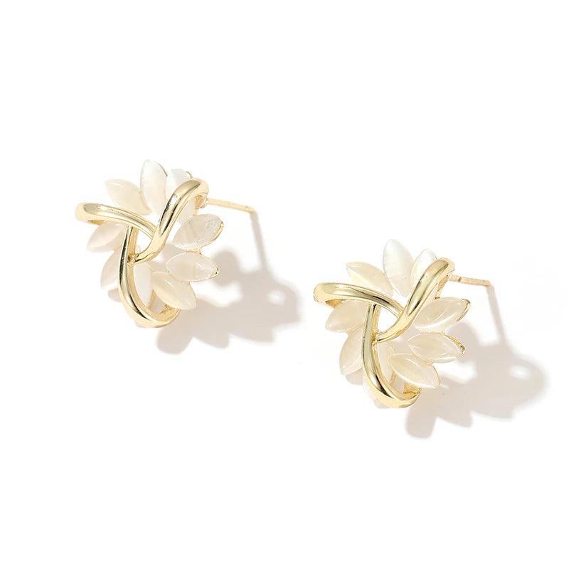Elegant Gold Flower Stud Earrings with Round Opals - Amara