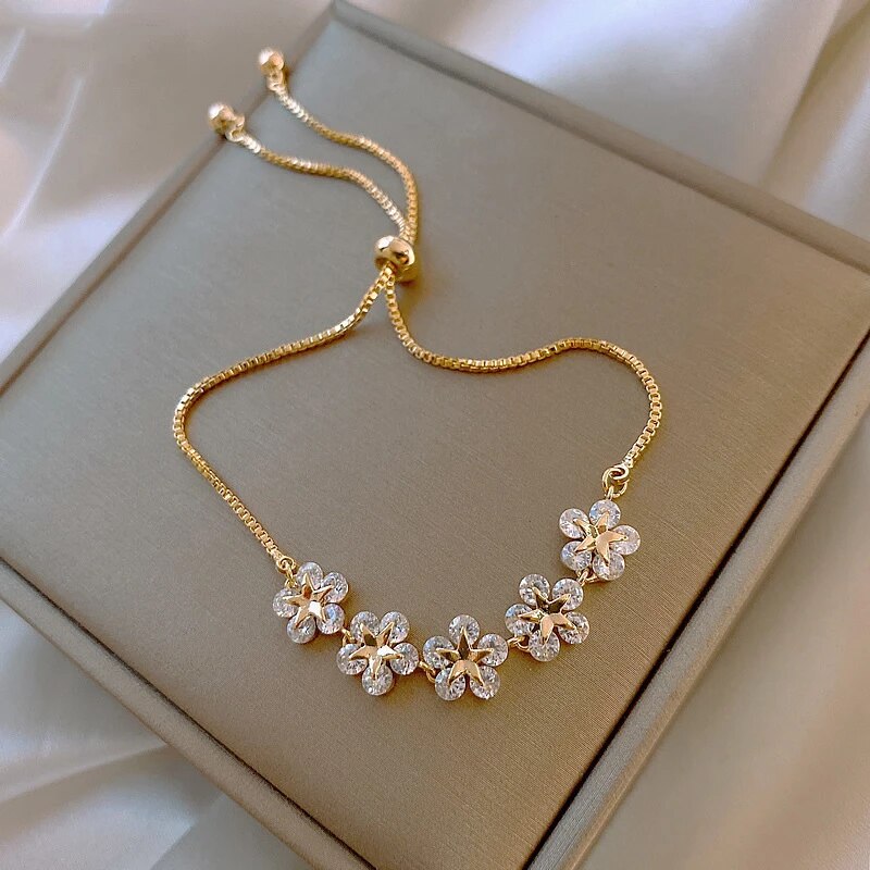 Elegant Gold Floral Bracelet with Sparkling Crystals - Rosalind