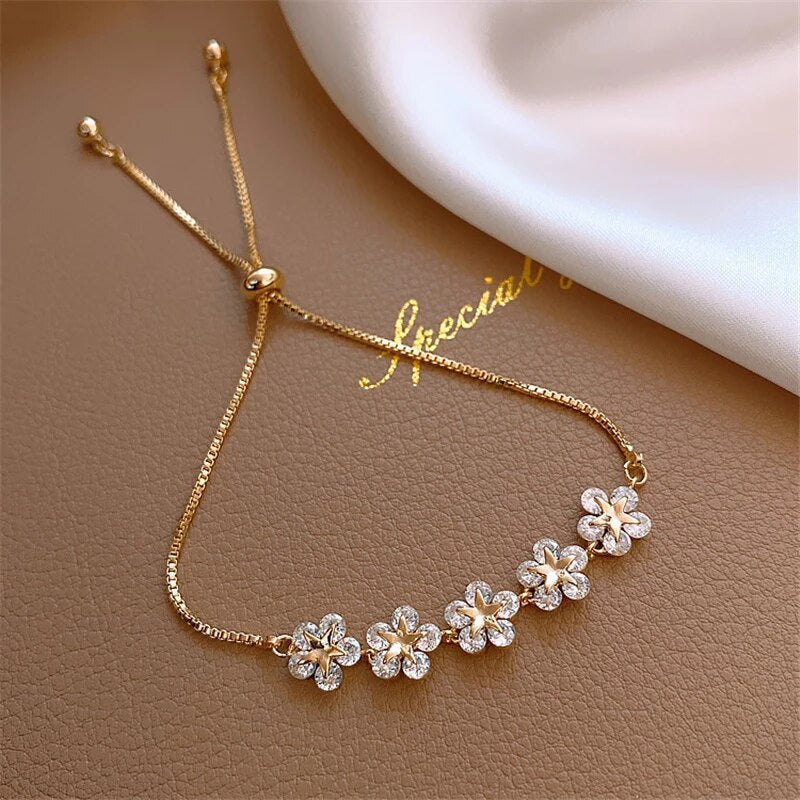 Elegant Gold Floral Bracelet with Sparkling Crystals - Rosalind