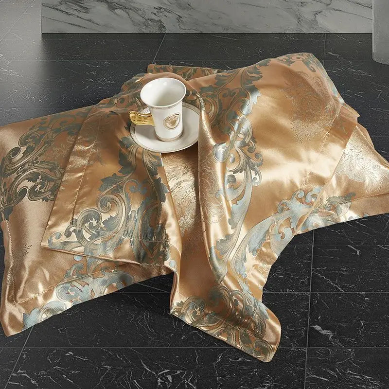 Luxury Satin Rayon Jacquard Duvet Cover in Gold & Blue