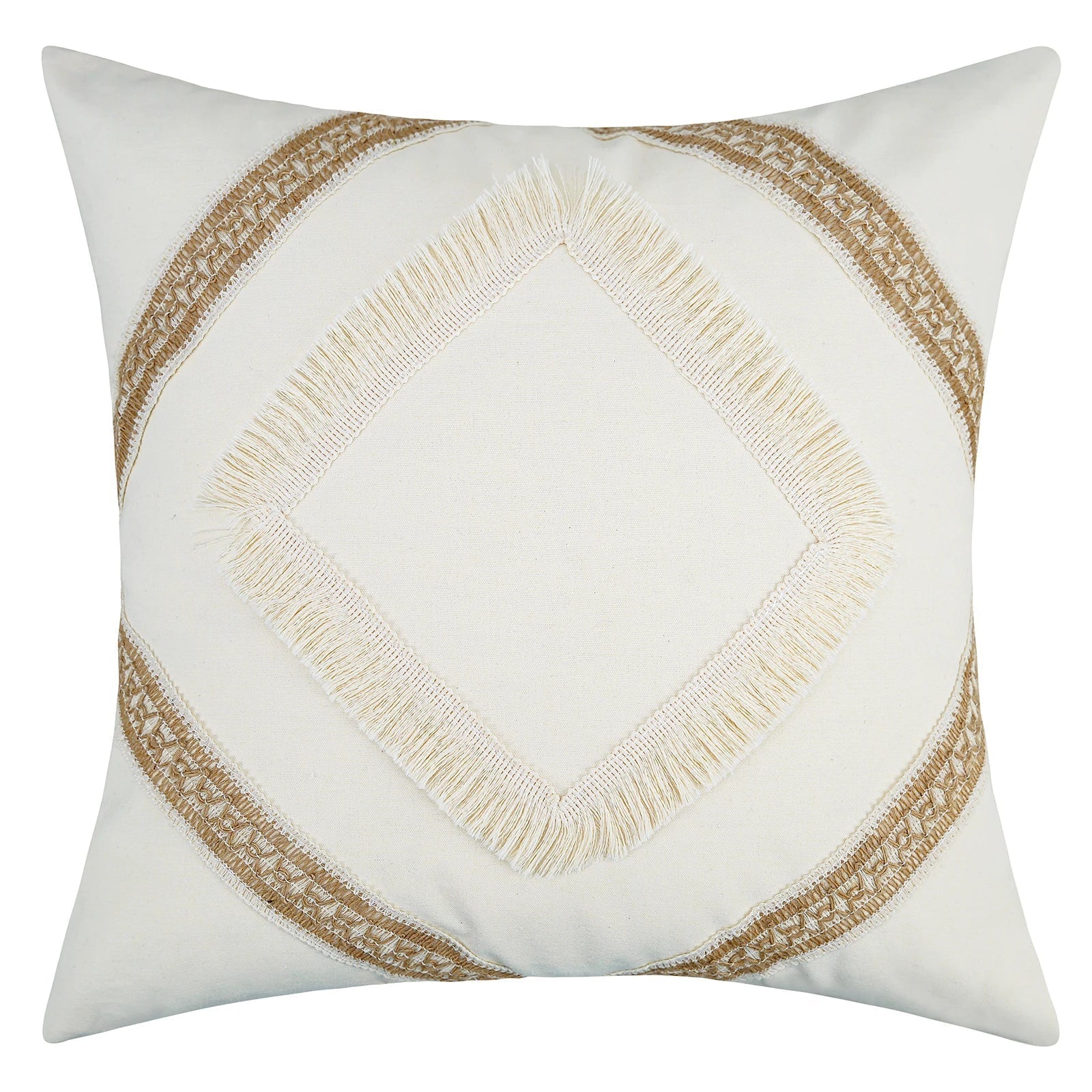 Bohemian Pillow Cover - Geometric Pillow Cover in Beige with Fringes