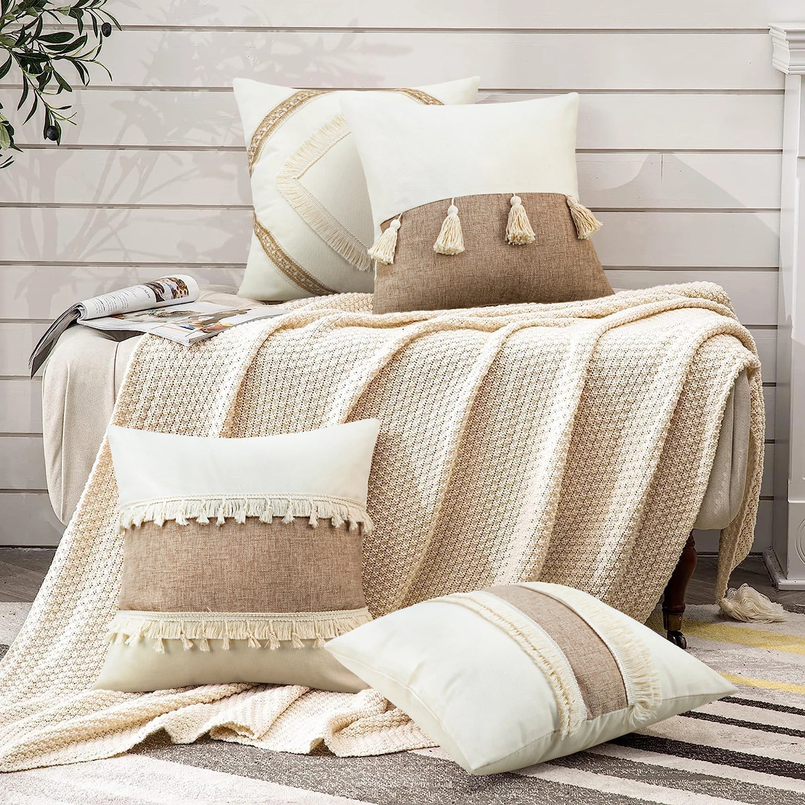 Bohemian Kussenhoes - Geometrisch Kussenhoes in Beige met Franjes