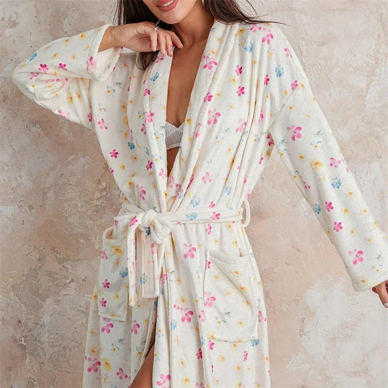 BlossomWrap Bathrobe - Luxury Flannel Bathrobe with Floral Motif